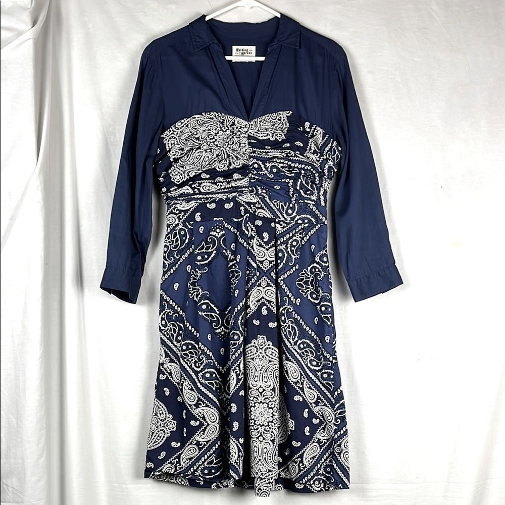 Anthropologie Holding Horses Western Blue Bandana Cotton Shirt Dress